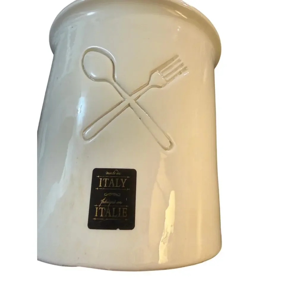 Made in Italy Utensil Crock White Ceramic Spoon & Fork Embossed Kitchen Holder